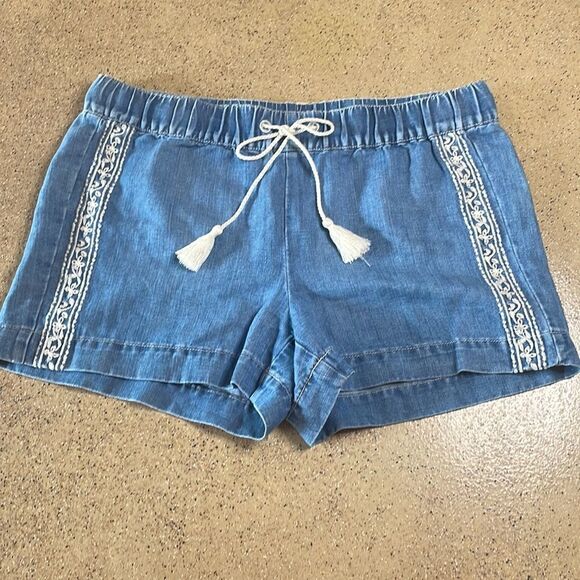 LOFT Linen Blend Chambray Embroidered Drawstring Shorts sz 28 / 6 - Picture 1 of 13